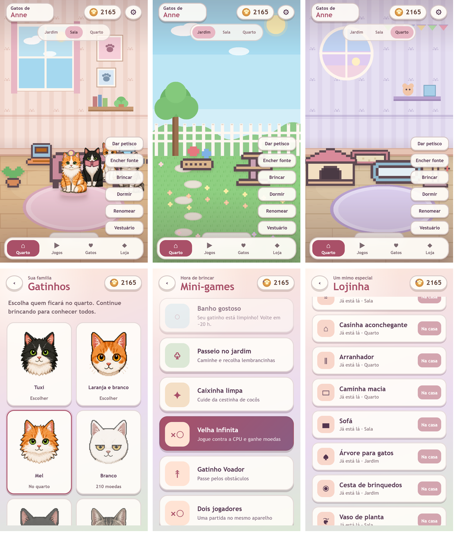 Telas do Gatos de Anne com casa, jardim, gatinhos, mini-games e lojinha